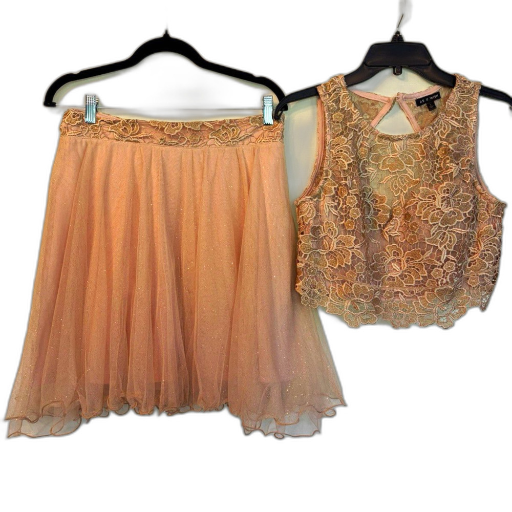 AS U WISH Womenβs 2pc Pink Lace Crop Top & Tulle Skirt Set Floral L